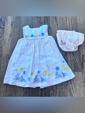 Baby Boden Pink Flower/Bunny Embroidered/Applique Dress with Matching Bloomers